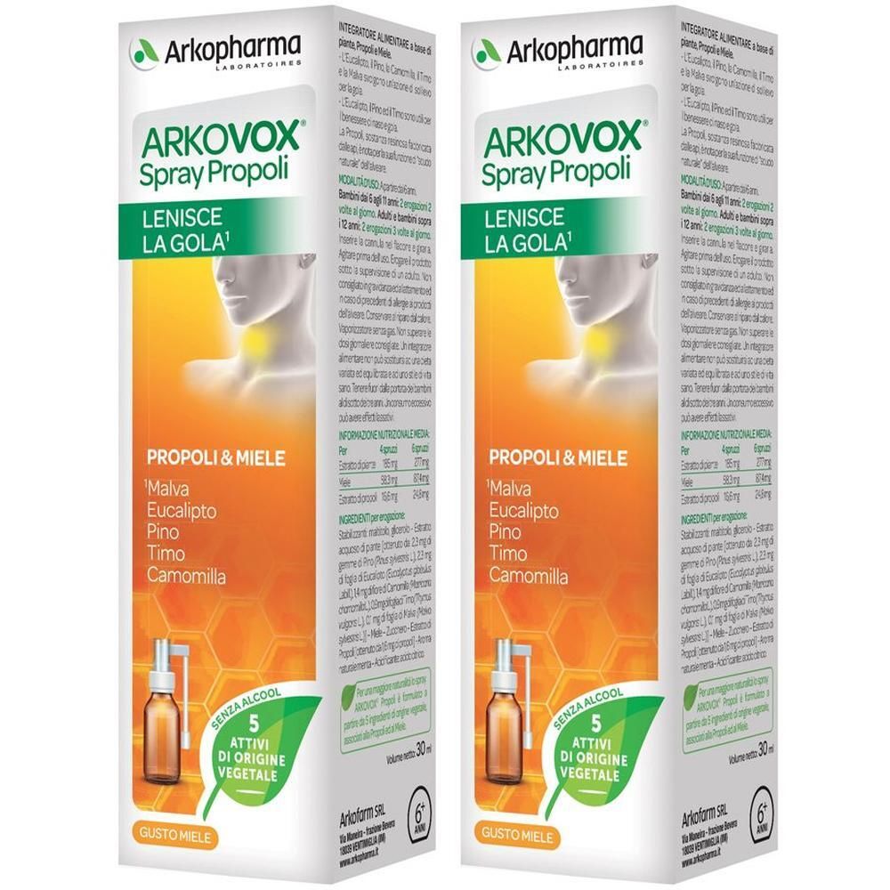 Due confezioni Arkopharma Spray Propoli gusto miele. Contiene propoli, malva, eucalipto, pino, timo, camomilla.