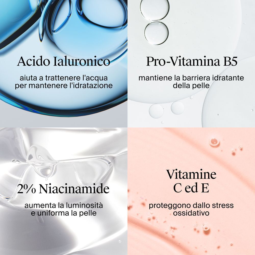 Ingredienti: Acido Ialuronico, Pro-Vitamina B5, 2% Niacinamide, Vitamine C+E.