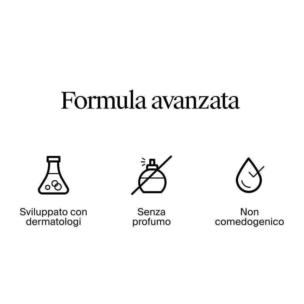 Icone formula: Sviluppato con dermatologi, senza profumo, non comedogenico.