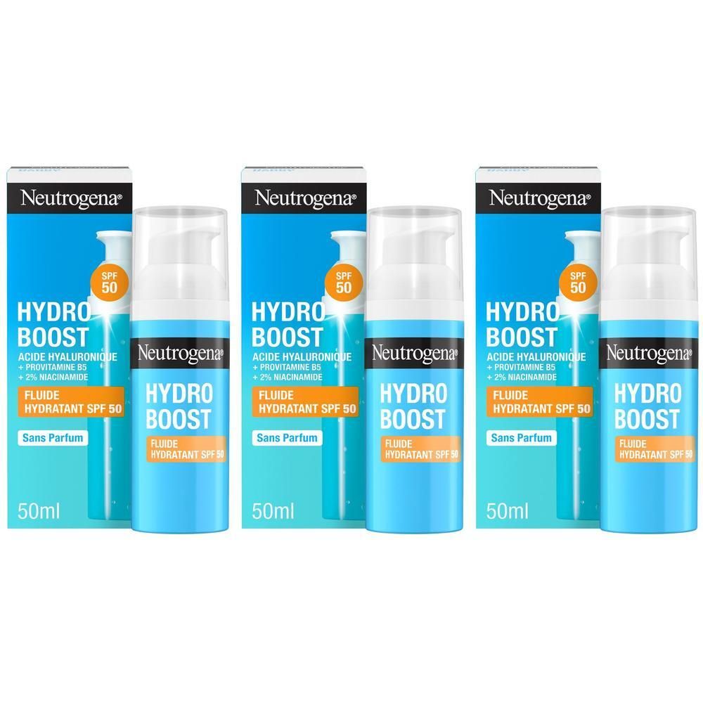 Tre flaconi di Neutrogena Hydro Boost Fluido SPF 50 con dispenser a pompa.