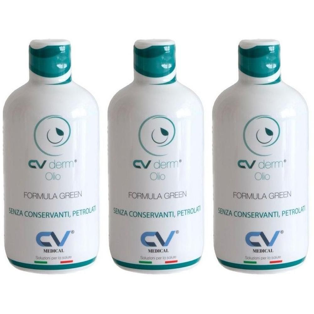 Tre flaconi bianchi con tappi turchesi. Etichettatura: 'CV derm Olio FORMULA GREEN SENZA CONSERVANTI, PETROLATI CV MEDICAL'.