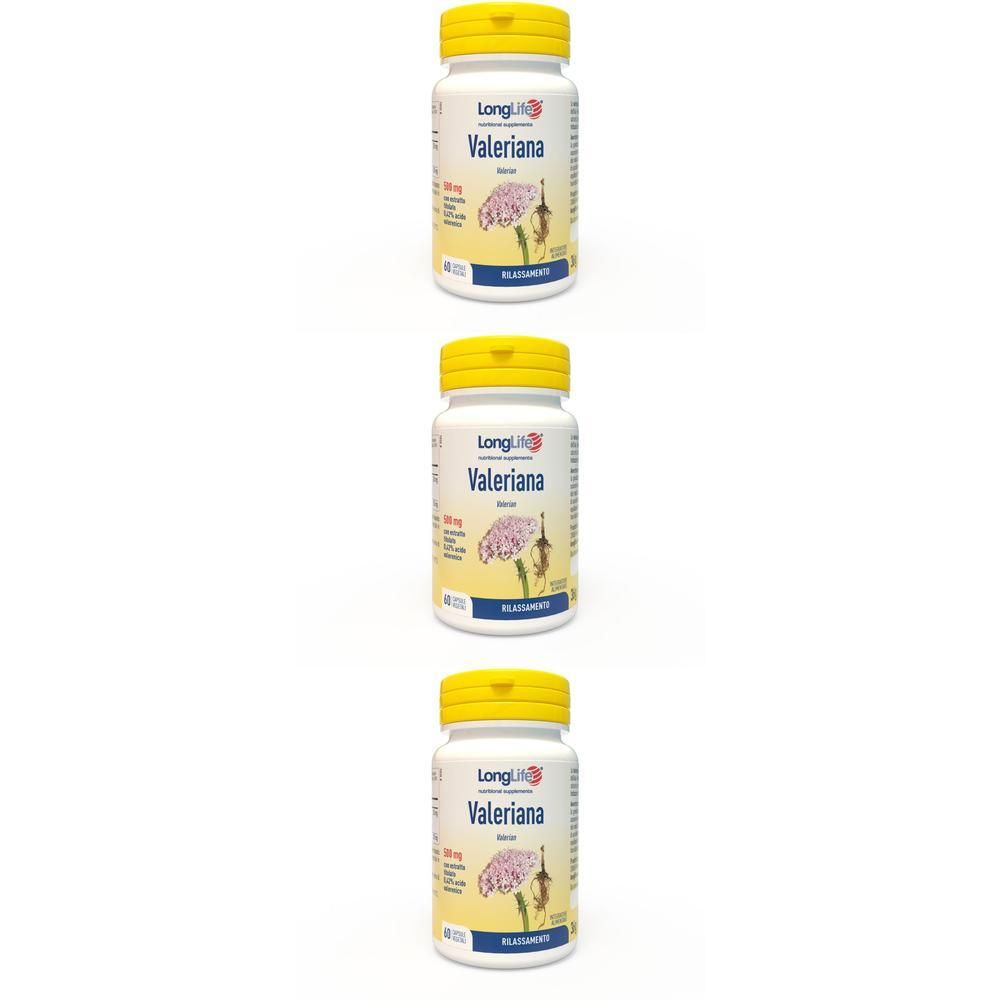 Tre flaconi di Longlife Valeriana 500 mg con tappi gialli, su sfondo bianco.