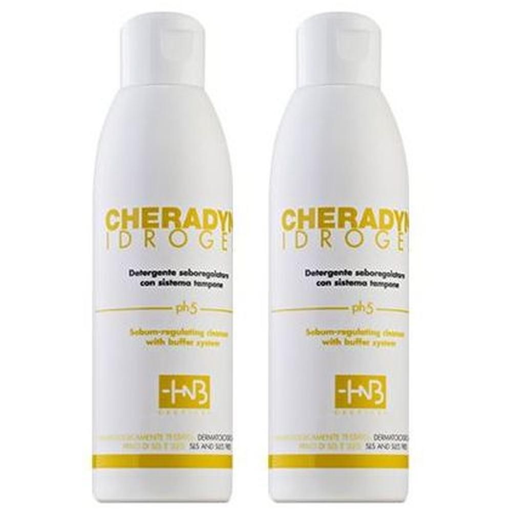Due flaconi bianchi Cherady Idrogel con etichetta gialla che indica pH5.