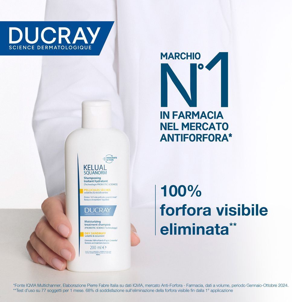 Ducray Kelual Squanorm Shampoo Antiforfora Trattante Idratante Forfora Secca 400ml, Elimina 100% della forfora, Azione anti-ricomparsa, Cuoio capelluto secco