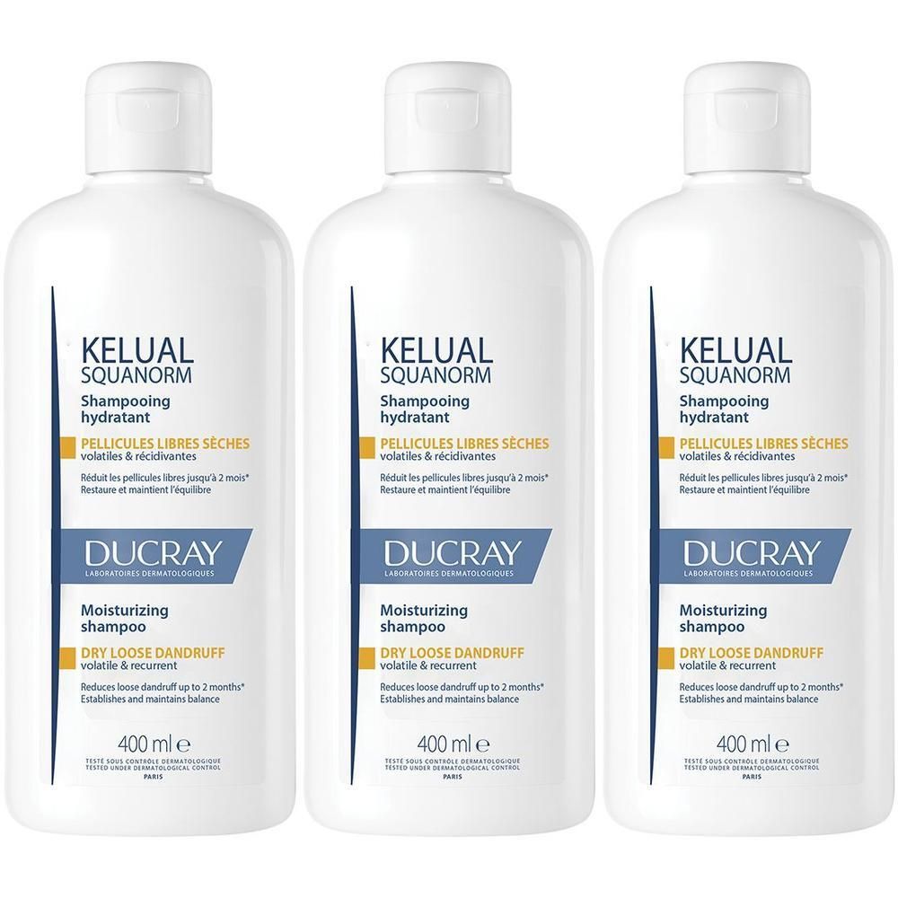 Ducray Kelual Squanorm Shampoo Antiforfora Trattante Idratante Forfora Secca 400ml, Elimina 100% della forfora, Azione anti-ricomparsa, Cuoio capelluto secco