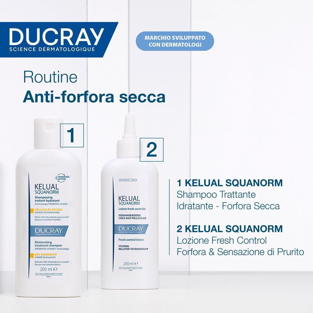 Ducray Kelual Squanorm Shampoo Antiforfora Trattante Idratante Forfora Secca 400ml, Elimina 100% della forfora, Azione anti-ricomparsa, Cuoio capelluto secco