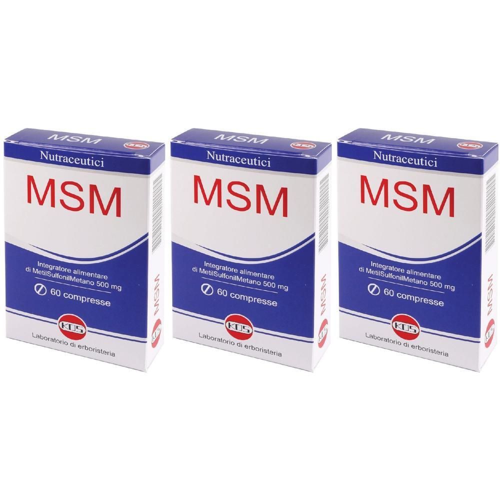 Tre confezioni di integratore alimentare MSM, ciascuna da 60 compresse.