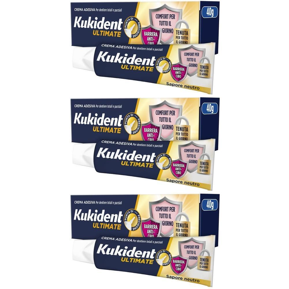 Tre tubi di crema adesiva Kukident Ultimate, 40g.