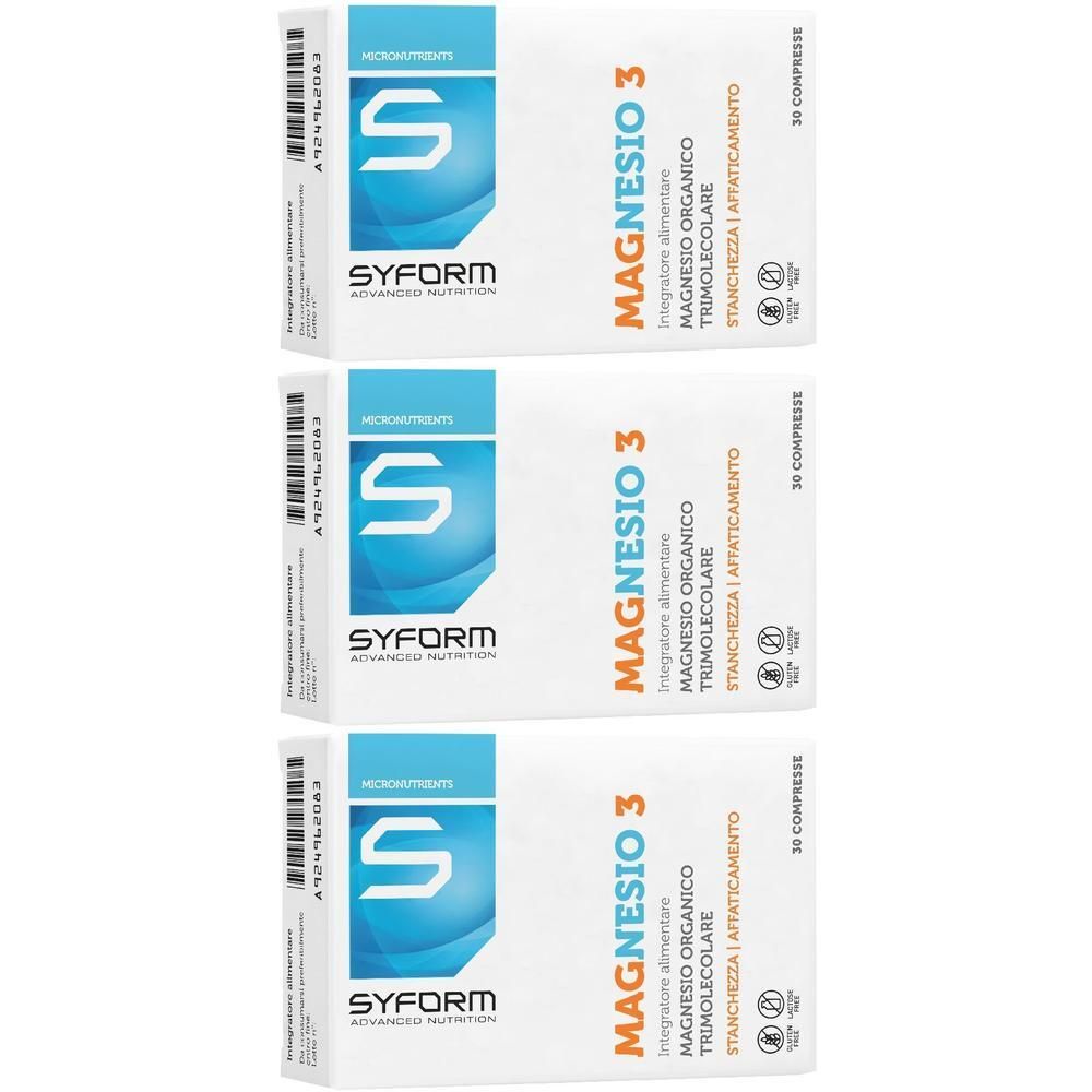 Tre confezioni di Syform Magnesio 3, integratore alimentare, 30 compresse ciascuna.
