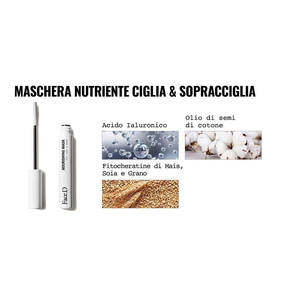 Face D Maschera Nutriente: applicatore, tubo e ingredienti come acido ialuronico, olio di semi di cotone, mais, soia e glutine di grano.