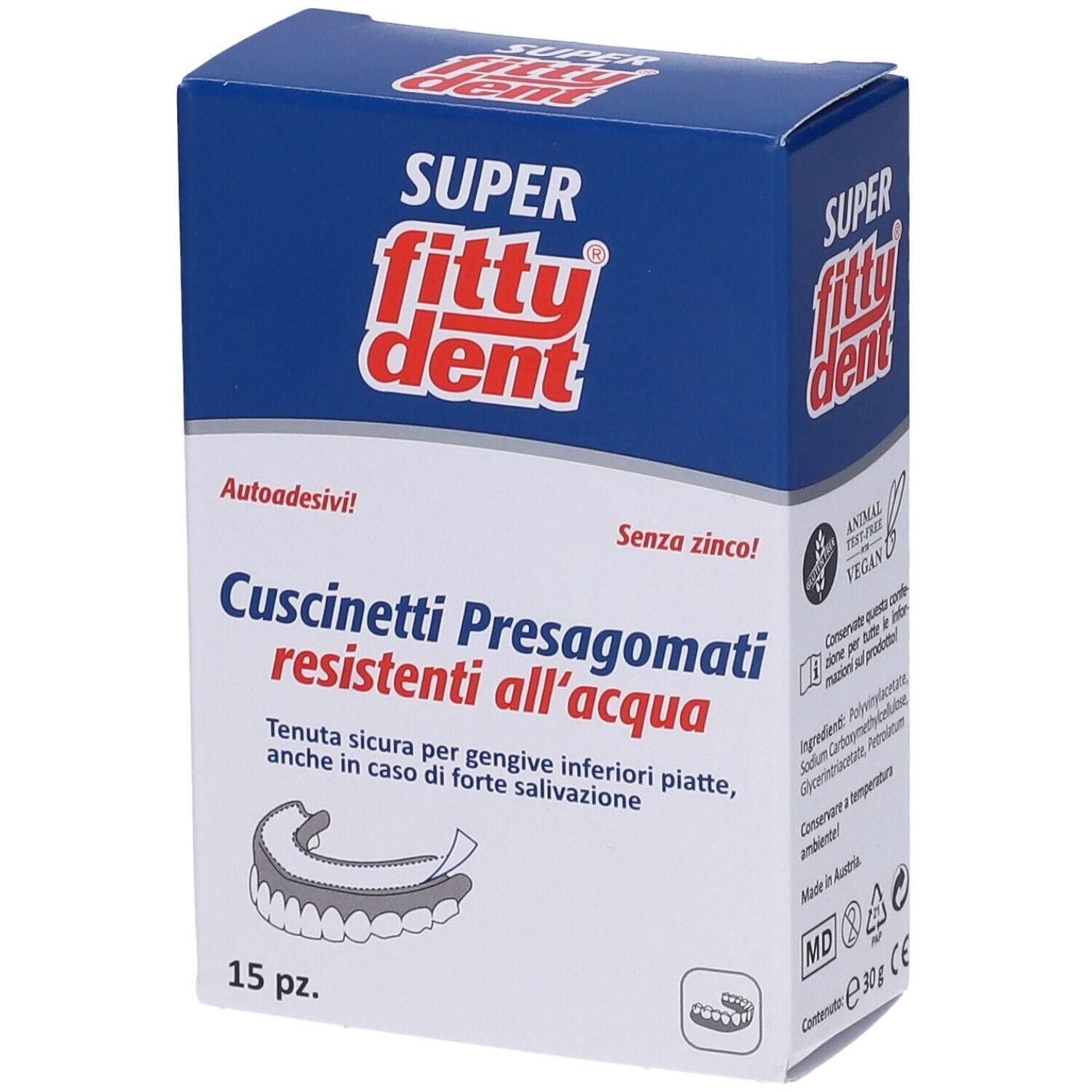 Fittydent Super Cuscinetti adesivi, 15 pezzi. Resistenti all'acqua e senza zinco.