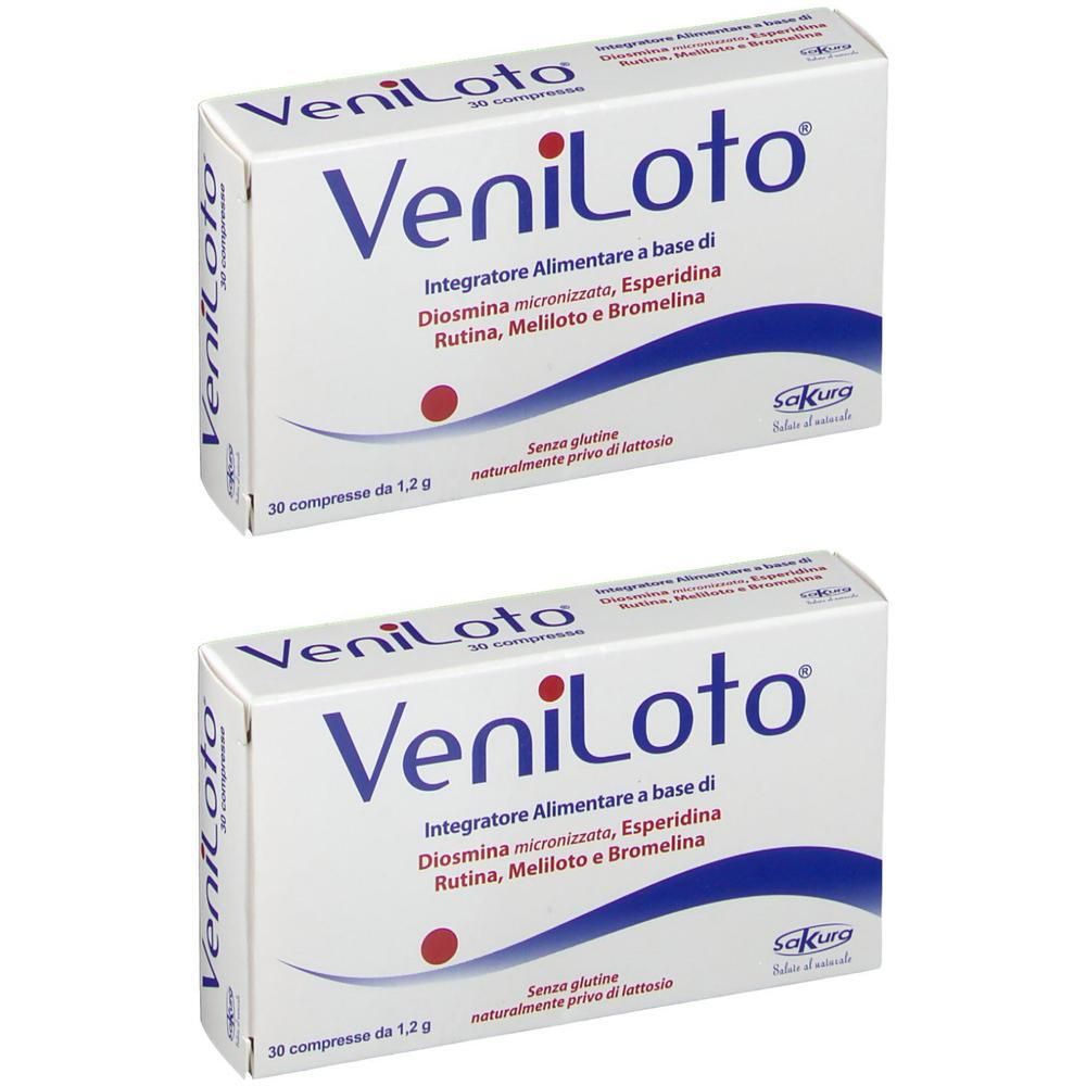 Due confezioni di Veniloto, integratore alimentare a base di Diosmina, Esperidina, Rutina, Meliloto e Bromelina.