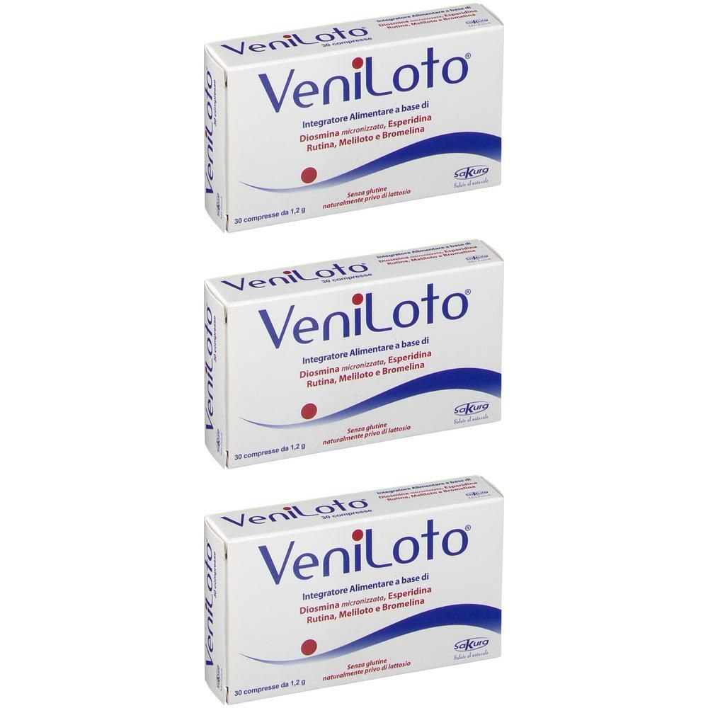 Tre confezioni di Veniloto, integratore alimentare a base di Diosmina, Rutina, Meliloto e Bromelina.