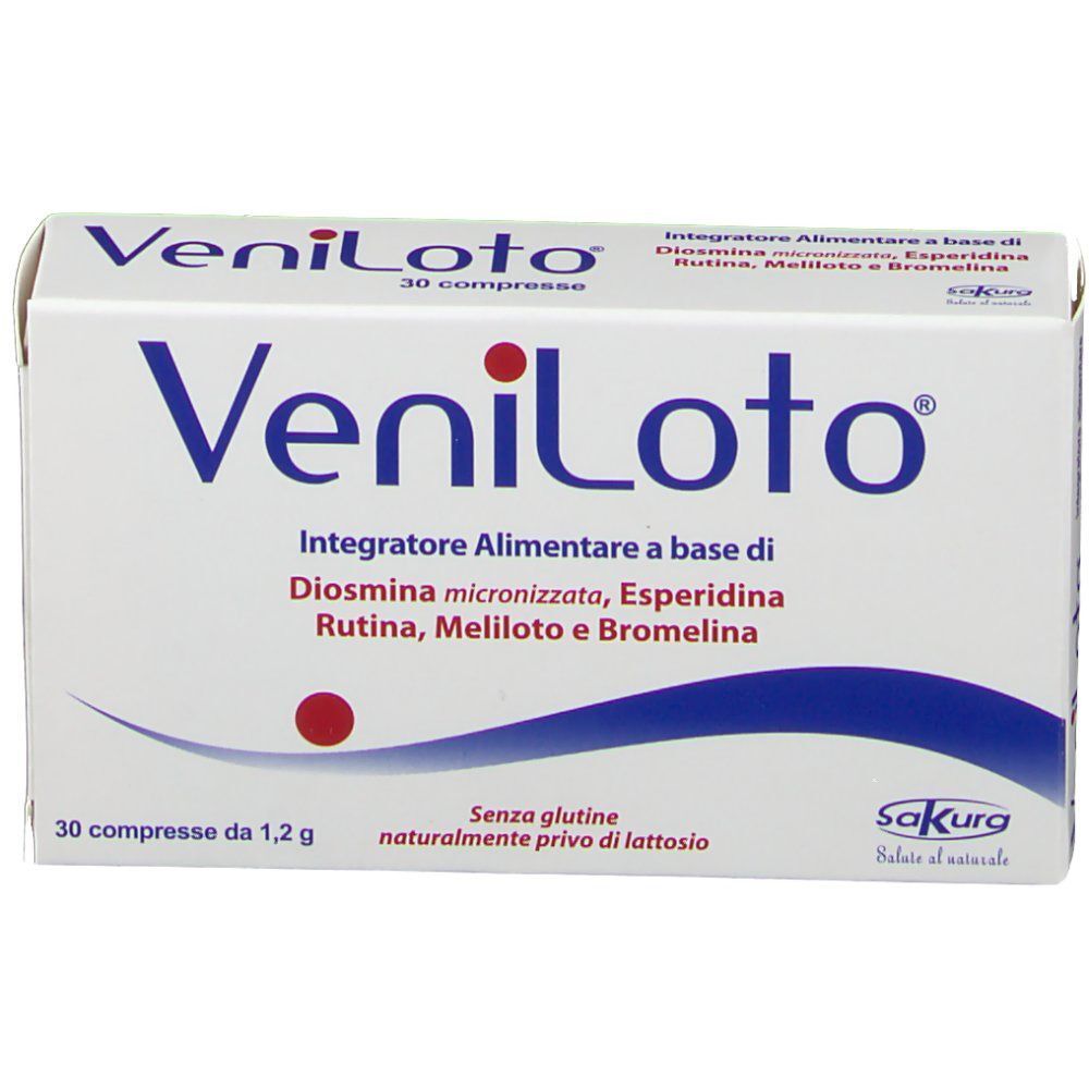 Fronte di una confezione Veniloto, integratore alimentare a base di Diosmina, Rutina, Meliloto e Bromelina.
