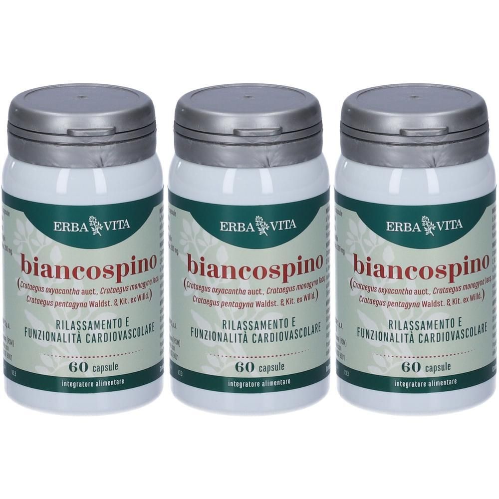 Tre flaconi di capsule Biancospino Erba Vita, ciascuno da 60 capsule.