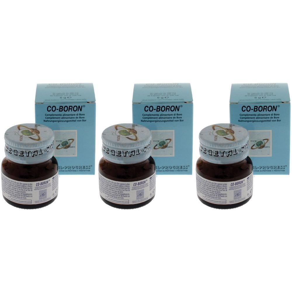 Tre flaconi di Co-Boron con scatole. Flaconi in vetro marrone con tappi ed etichette argentate.