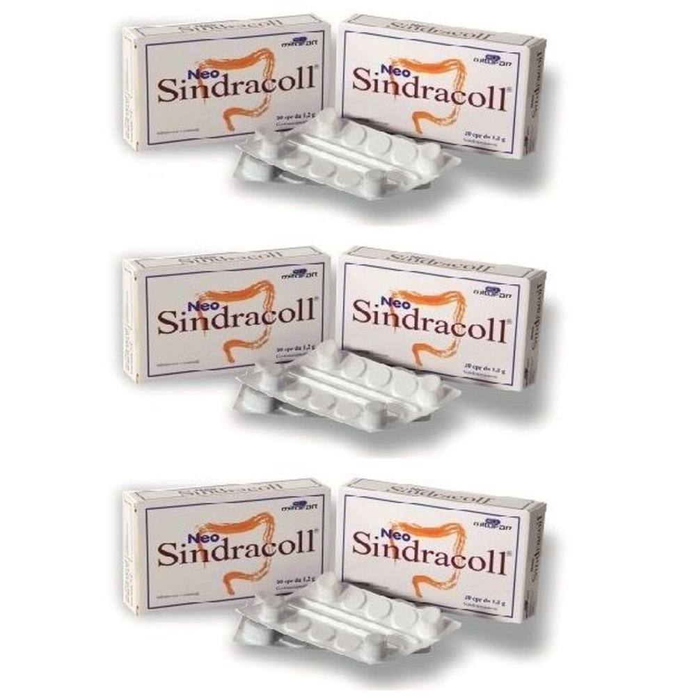 Tre confezioni di Neo Sindracoll, ciascuna con due blister di compresse.
