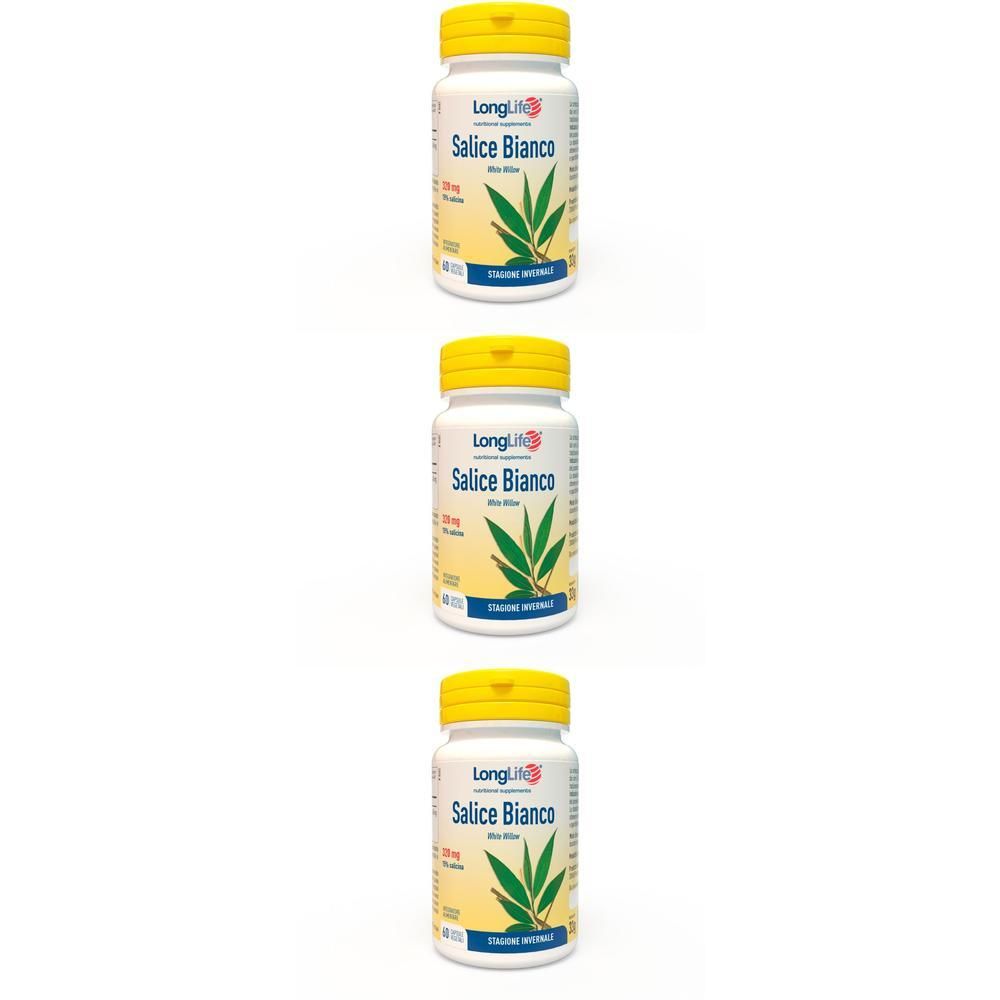 Tre flaconi Longlife Salice Bianco con tappi gialli e foglie verdi sull'etichetta.