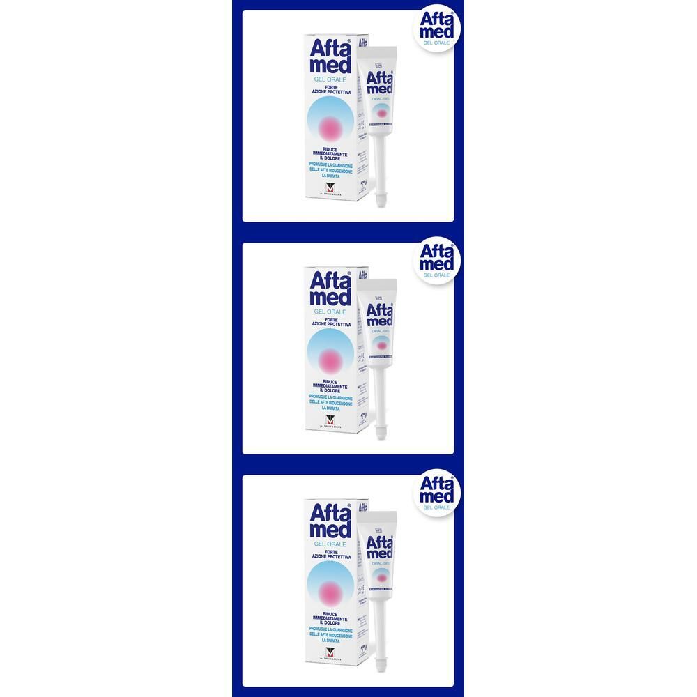 Afta Med Gel Orale: tubo e scatola di cartone con logo e illustrazioni.