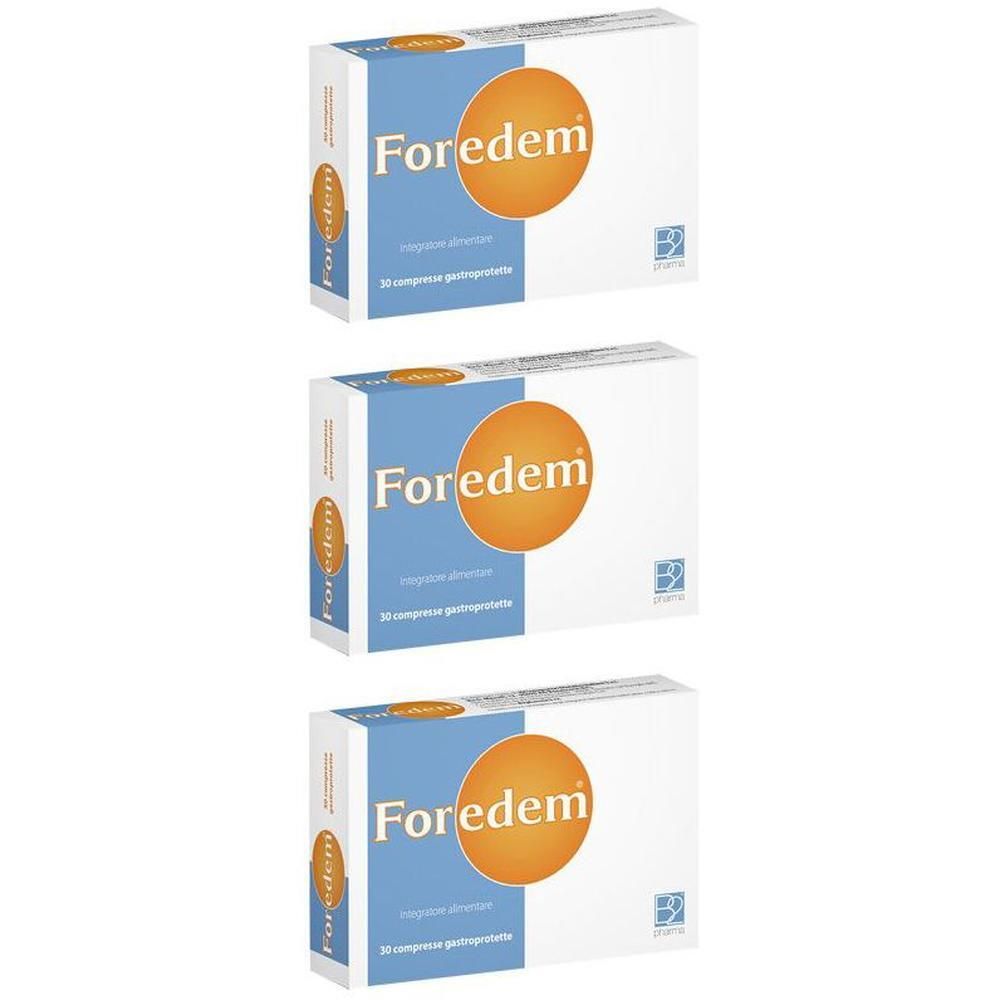 Tre confezioni di Foredem 30 Compresse Gastroprotette con cerchio arancione e campo blu.