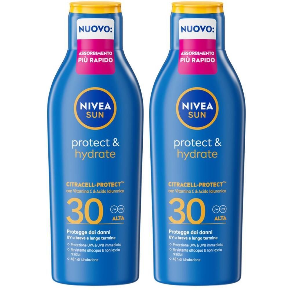 Due flaconi Nivea Sun Protect & Hydrate SPF30 ad assorbimento rapido.