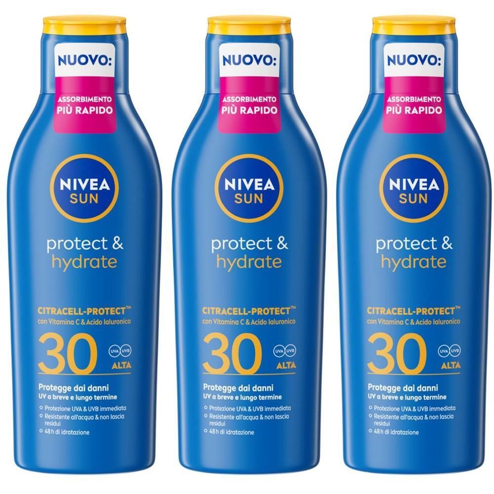Nivea Sun Latte Solare Protect & Hydrate SPF30 200 ml, Crema solare 30 idratante per 48 ore