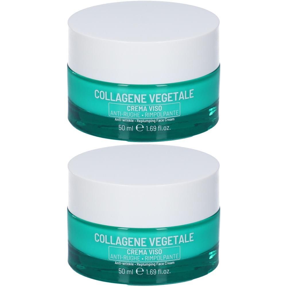 Due vasetti di crema viso con tappo bianco e contenitore turchese. Testo sul vasetto: Collagene Vegetale Crema Viso.