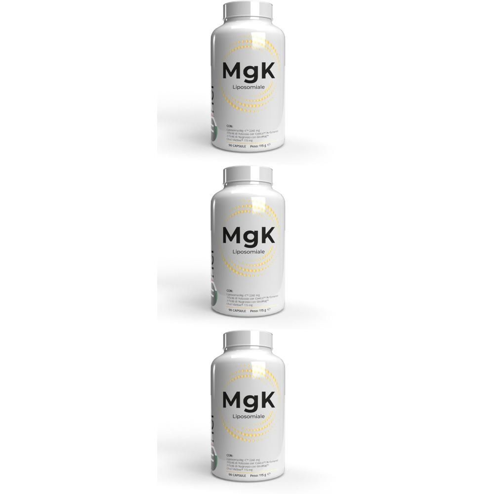 Tre flaconi bianchi con etichetta MgK Liposomiale su sfondo bianco.