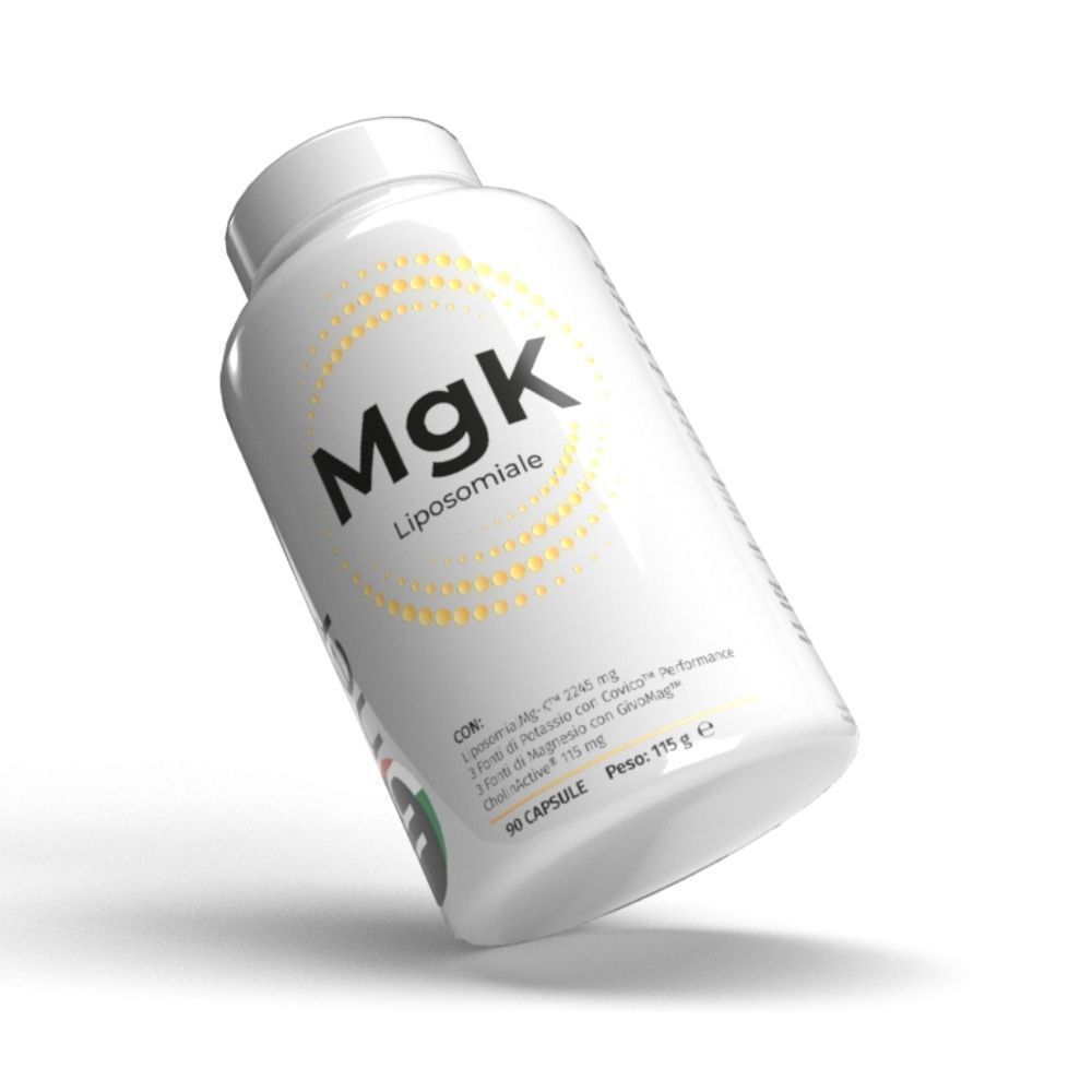 Flacone bianco inclinato con etichetta MgK Liposomiale e design a cerchio giallo.