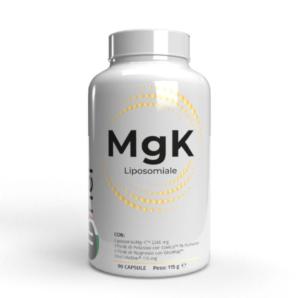 Vasetto bianco con scritta MgK Liposomiale e puntini gialli. Contiene 90 capsule.