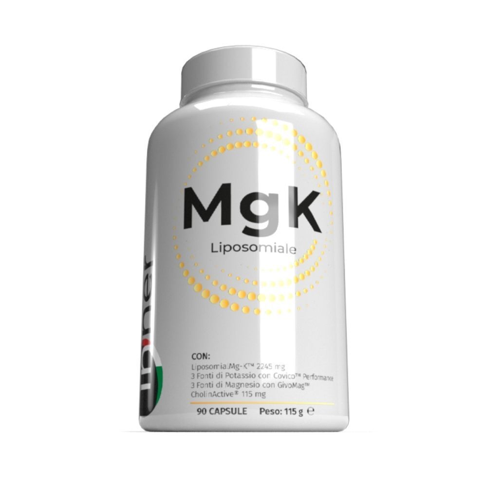 Vasetto bianco con scritta MgK Liposomiale e logo 'Inner' laterale. Contiene 90 capsule.