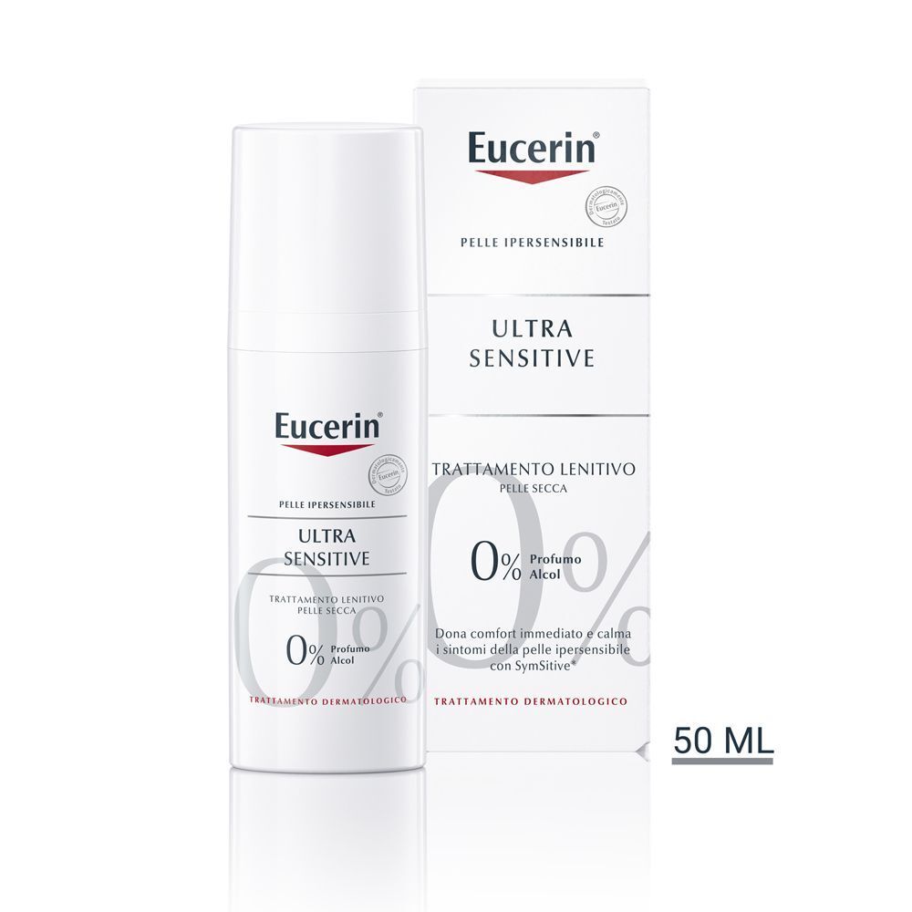 Flacone ed etichetta Eucerin UltraSENSITIVE, 50 ml. Per pelle secca.