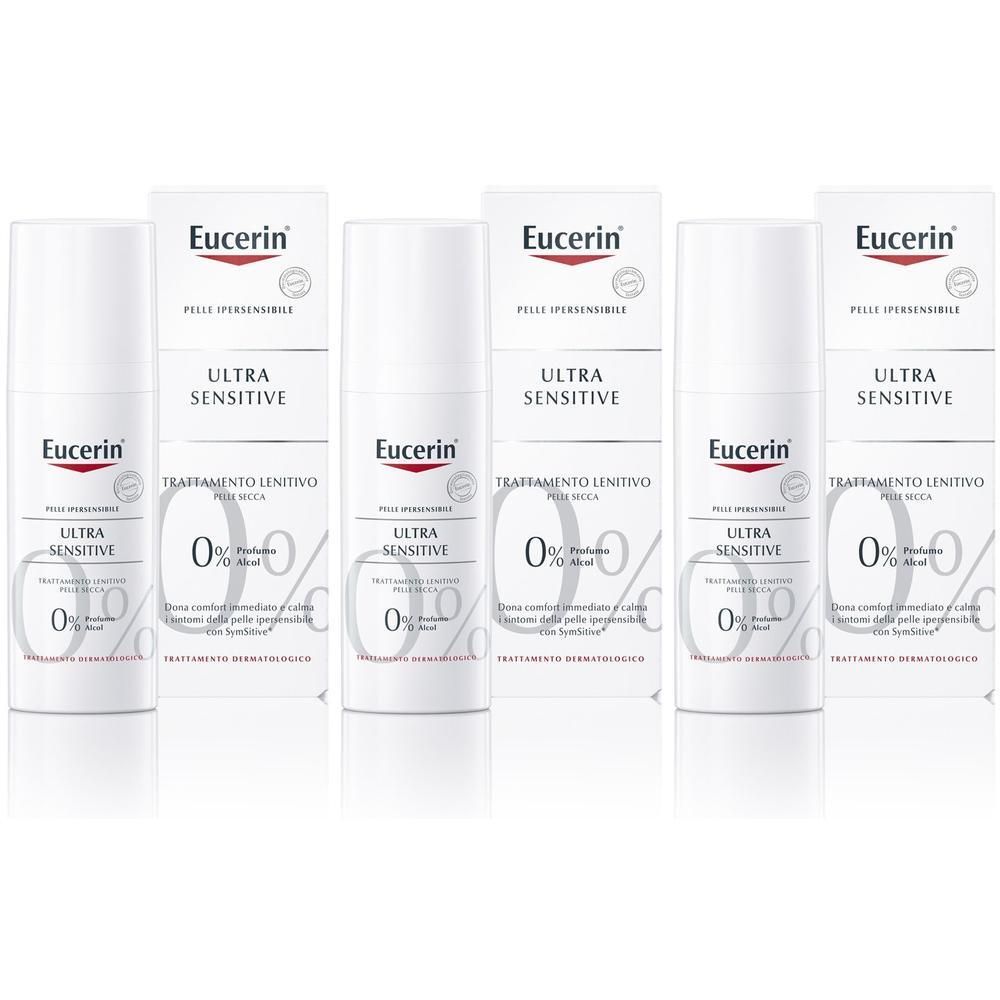 Cinque flaconi Eucerin UltraSENSITIVE e un astuccio. Bianco con logo rosso.
