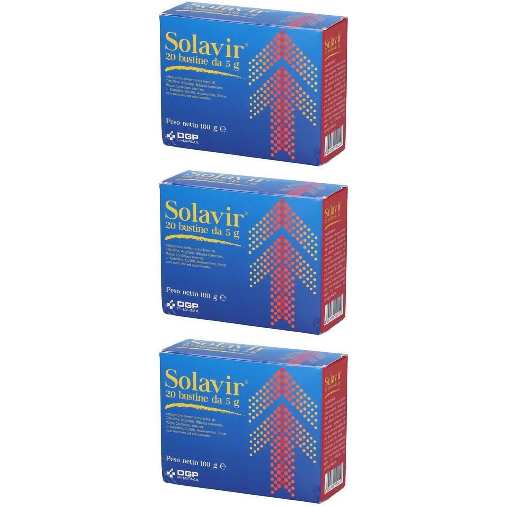 Tre scatole di Solavir 20 bustine da 5g. Scatole blu con motivo a frecce rosse.
