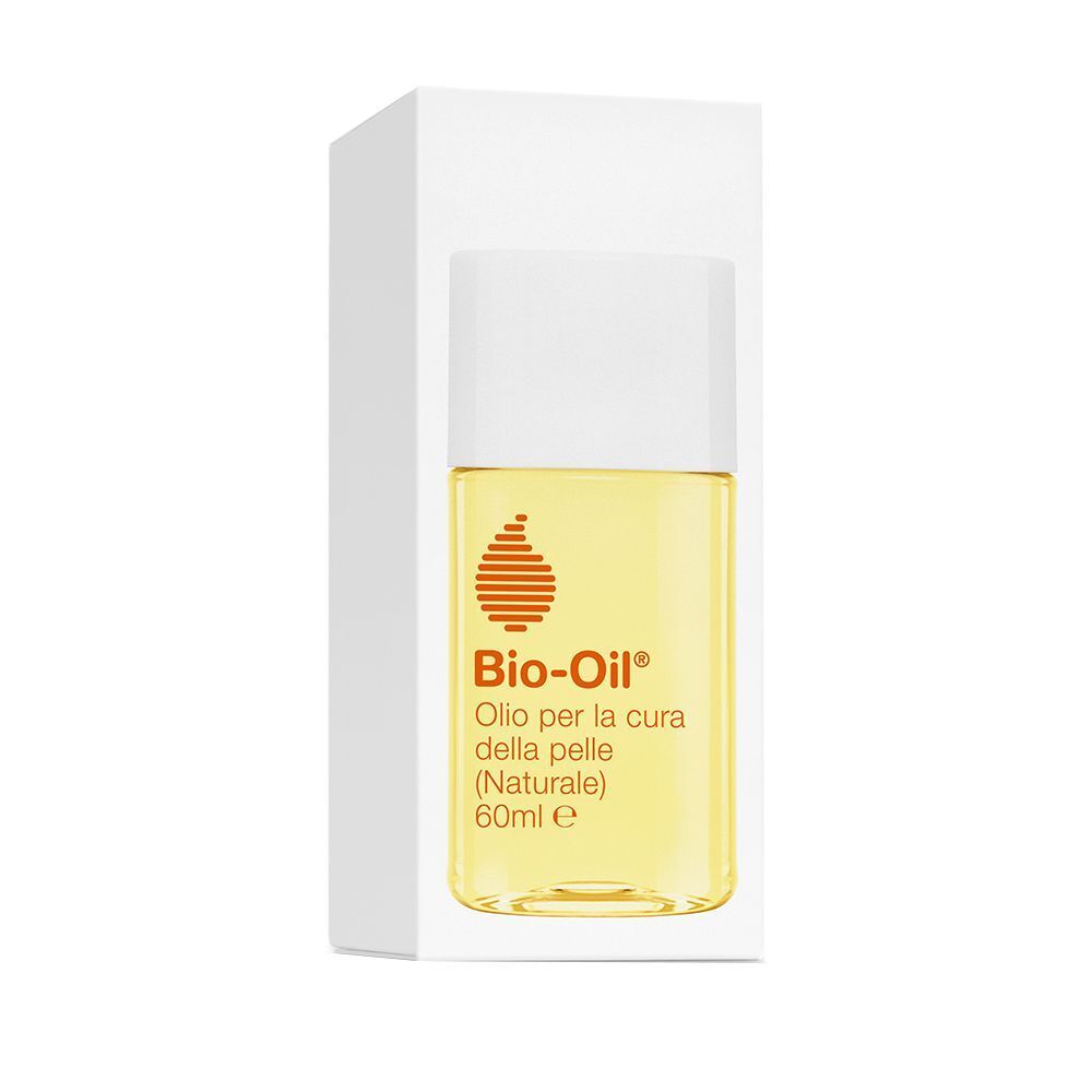Un flacone di Bio-Oil Naturale 60ml in una confezione di cartone bianca, olio giallo in contenitore trasparente.