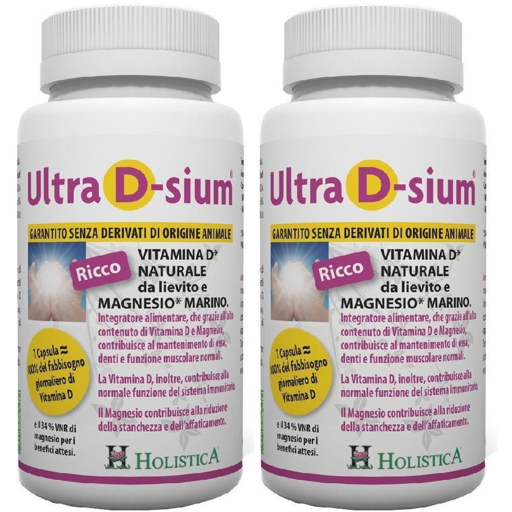 Due flaconi di Ultra D-sium Vitamina D e Magnesio. Contenitori bianchi con etichette viola e gialle.