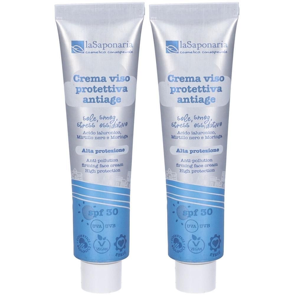 Due tubi di crema viso protettiva anti-age SPF 30, alta protezione.