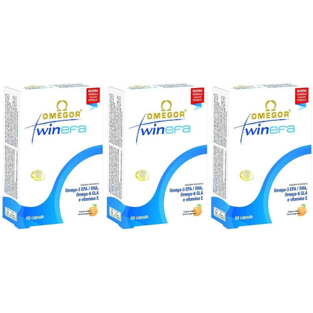 Tre confezioni di Omegor TwinEfa Omega-3 con Vitamina E. Ogni confezione contiene 60 capsule.