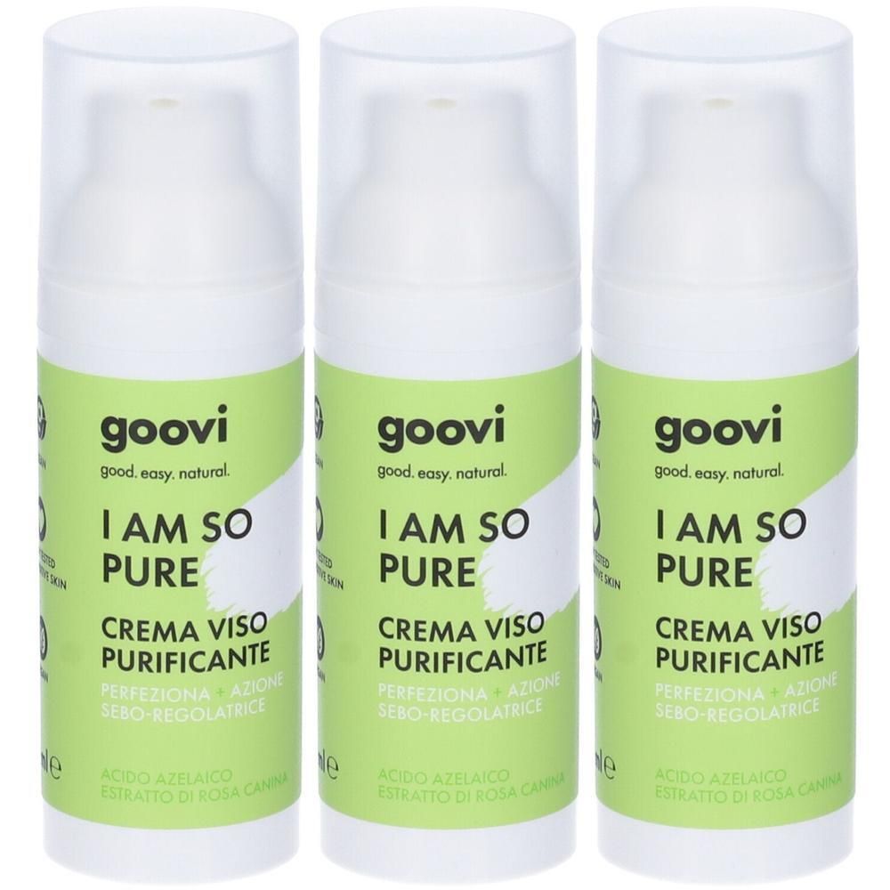 Tre flaconi di crema viso Goovi I Am So Pure con dispenser a pompa.