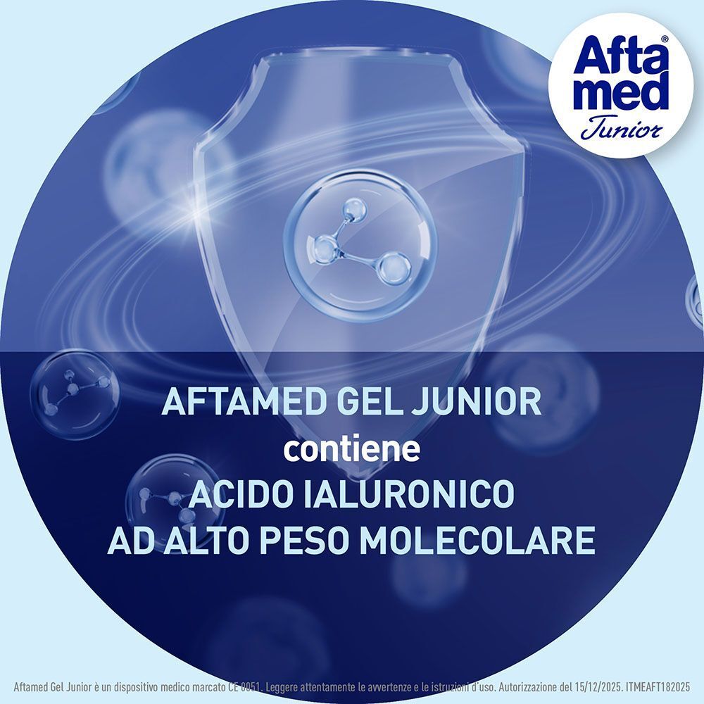 AftaMed Gel Junior contiene acido ialuronico ad alto peso molecolare.