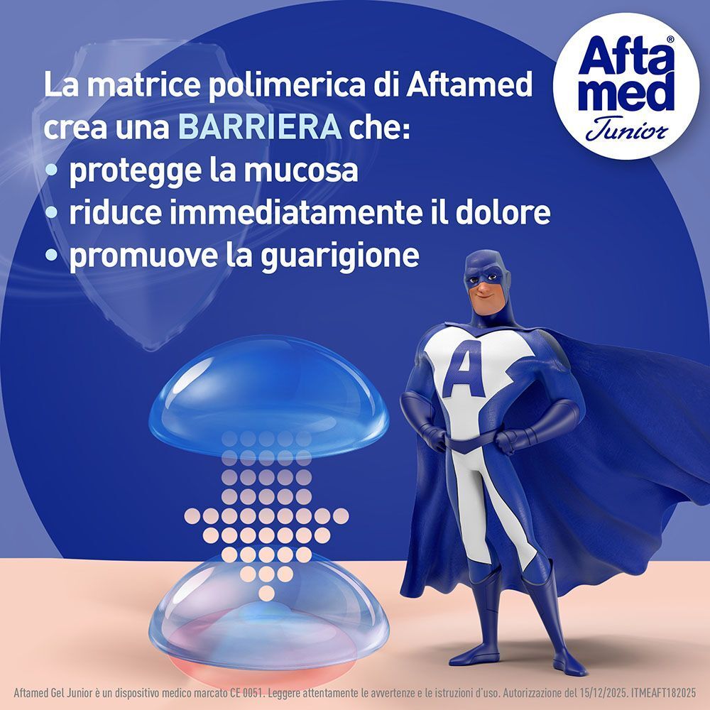 AftaMed Junior crea una barriera protettiva, lenitiva e curativa.