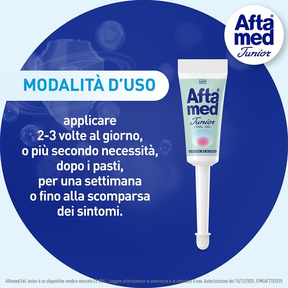 Modalità d'uso AftaMed Junior Orale Gel: 2-3 volte al giorno dopo i pasti.