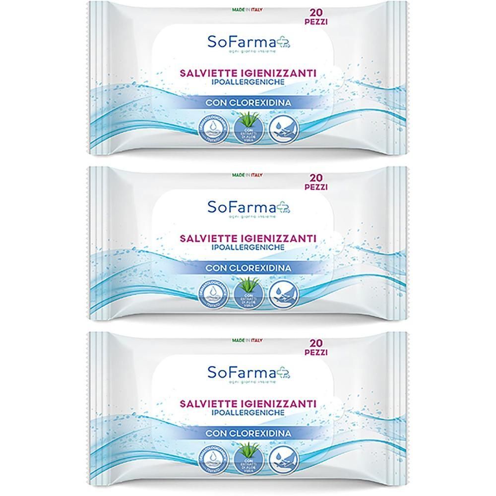 Tre pacchi di salviette SoFarma con clorexidina, ipoallergeniche, 20 pezzi per pacco.