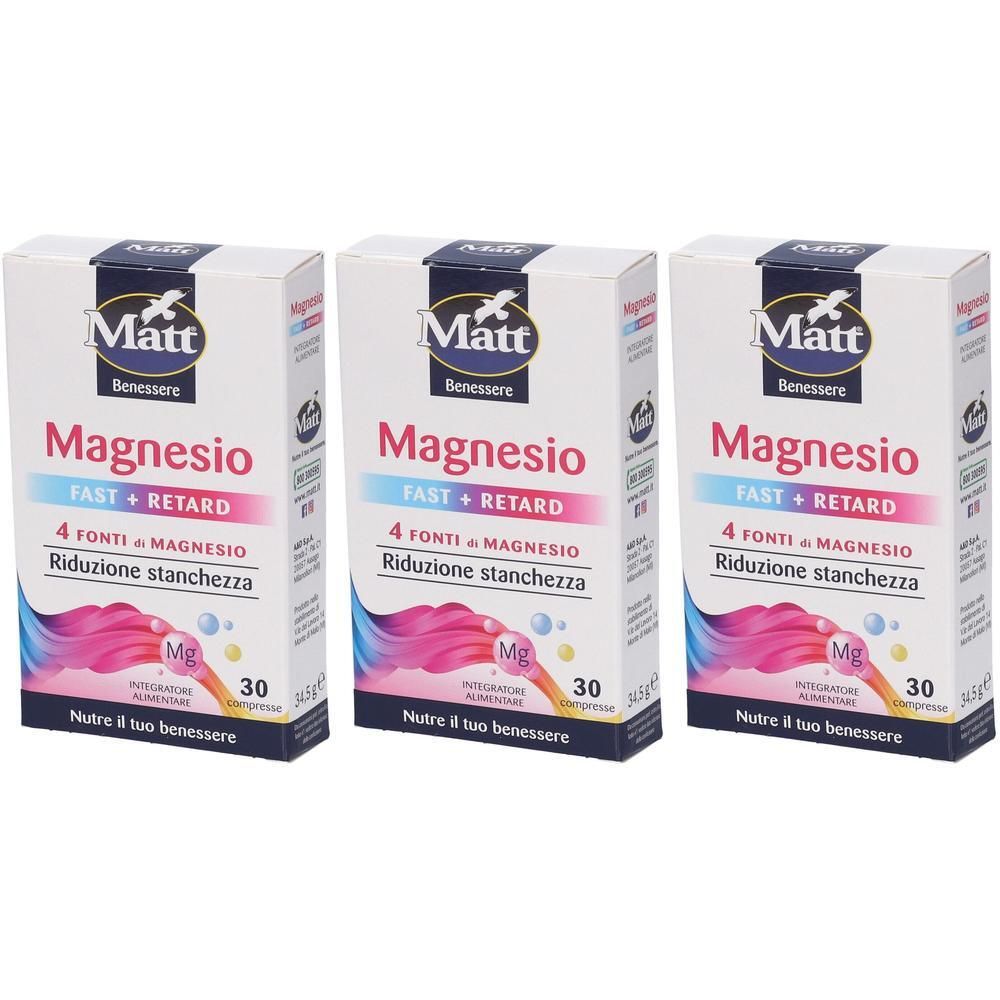 Tre confezioni di Matt Magnesio, 4 fonti di magnesio, riduzione della stanchezza, 30 compresse per confezione.