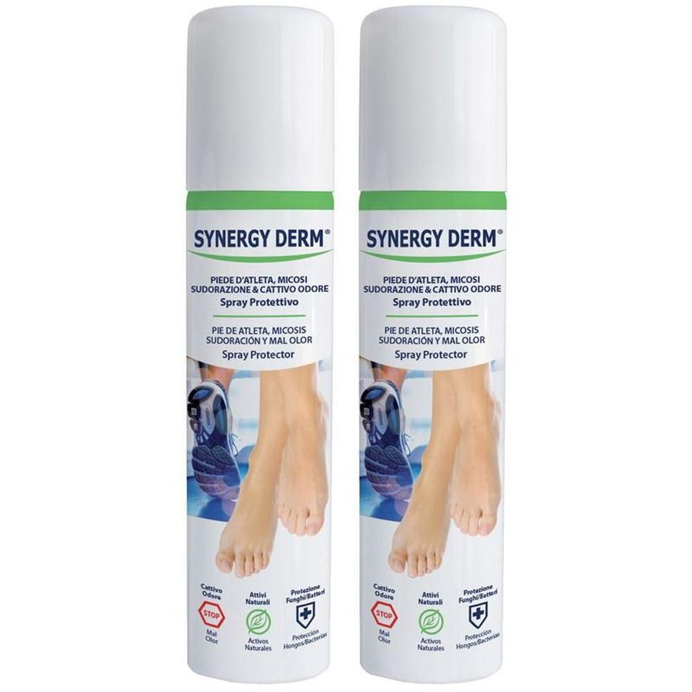 Due spray protettivi Synergy Derm per i piedi. Mostra piedi e informazioni sul prodotto.