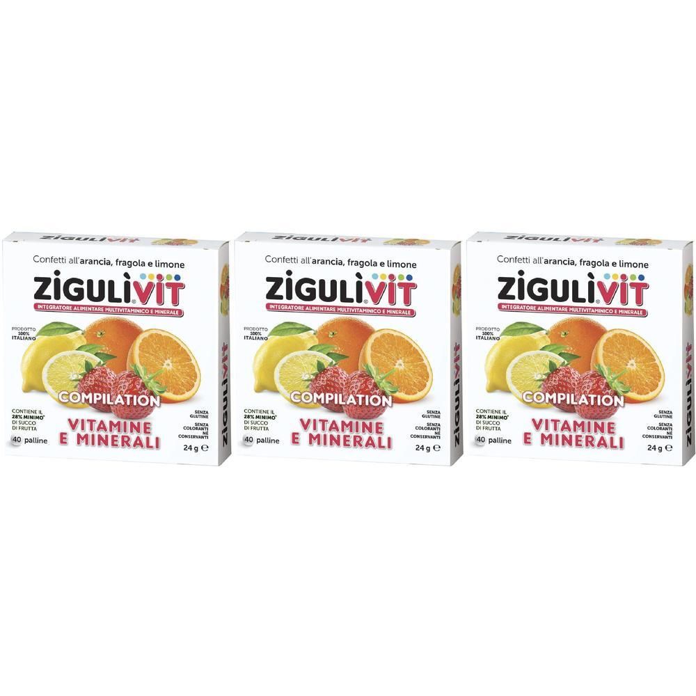 Tre confezioni di Zigulivit Vitamine e Minerali con immagini di limoni, arance e fragole.