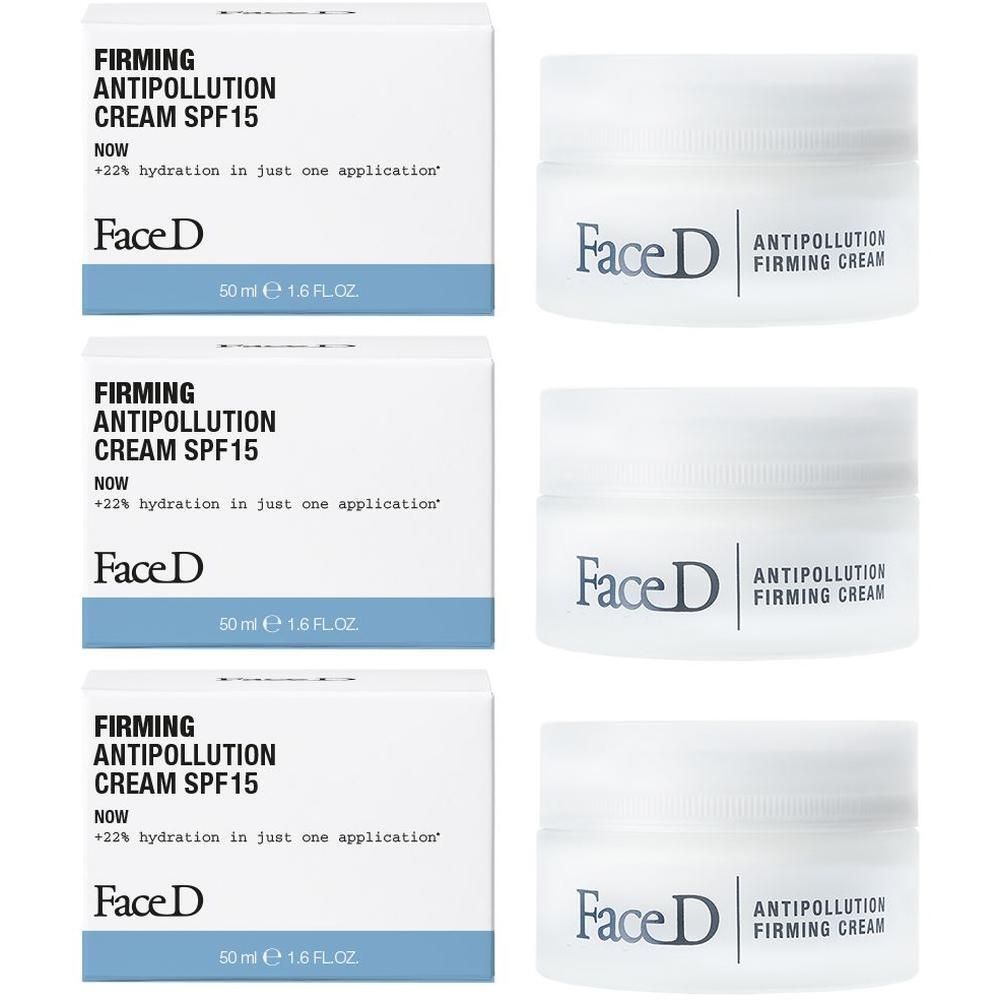 Tre barattoli e scatole di crema rassodante anti-inquinamento Face D SPF15.