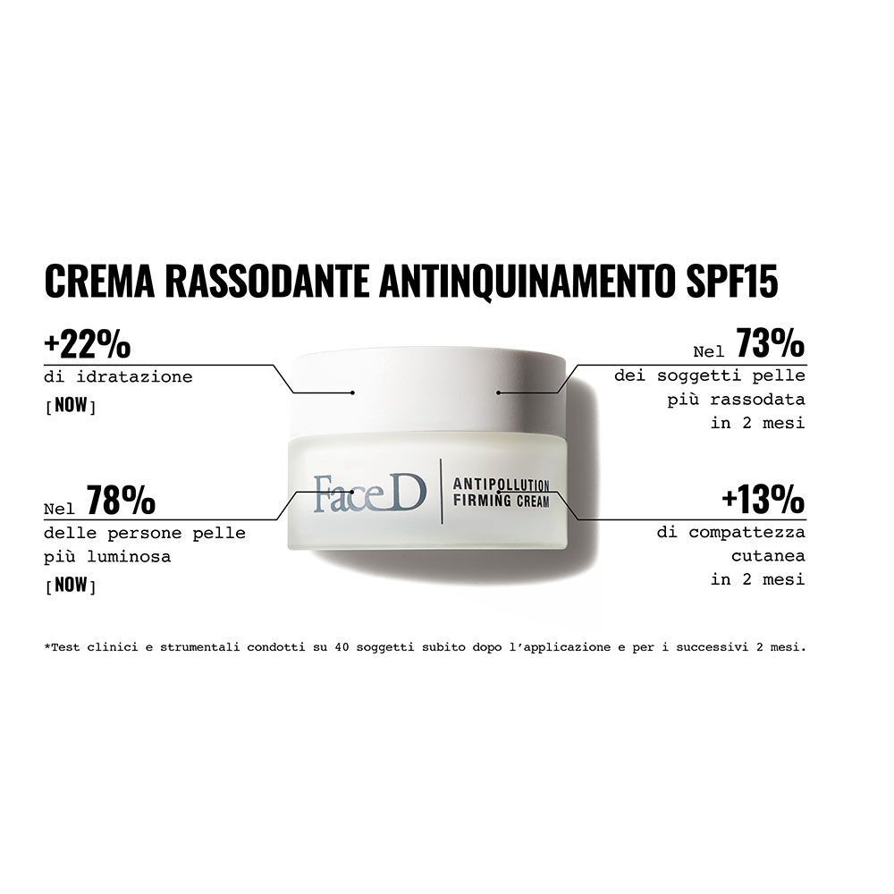 Vasetto di crema rassodante anti-inquinamento Face D SPF15 con infografica.