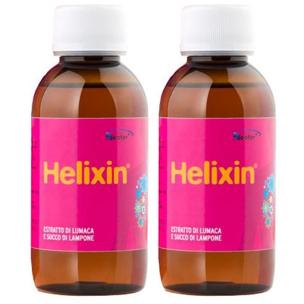 Due flaconi in vetro ambrato con etichette rosa e tappi bianchi. Le etichette riportano "Helixin".