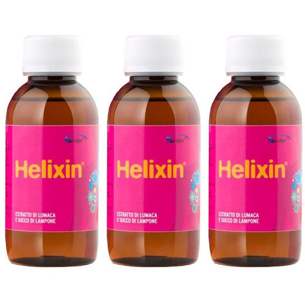 Tre flaconi in vetro ambrato con tappo bianco ed etichetta rosa "Helix in".